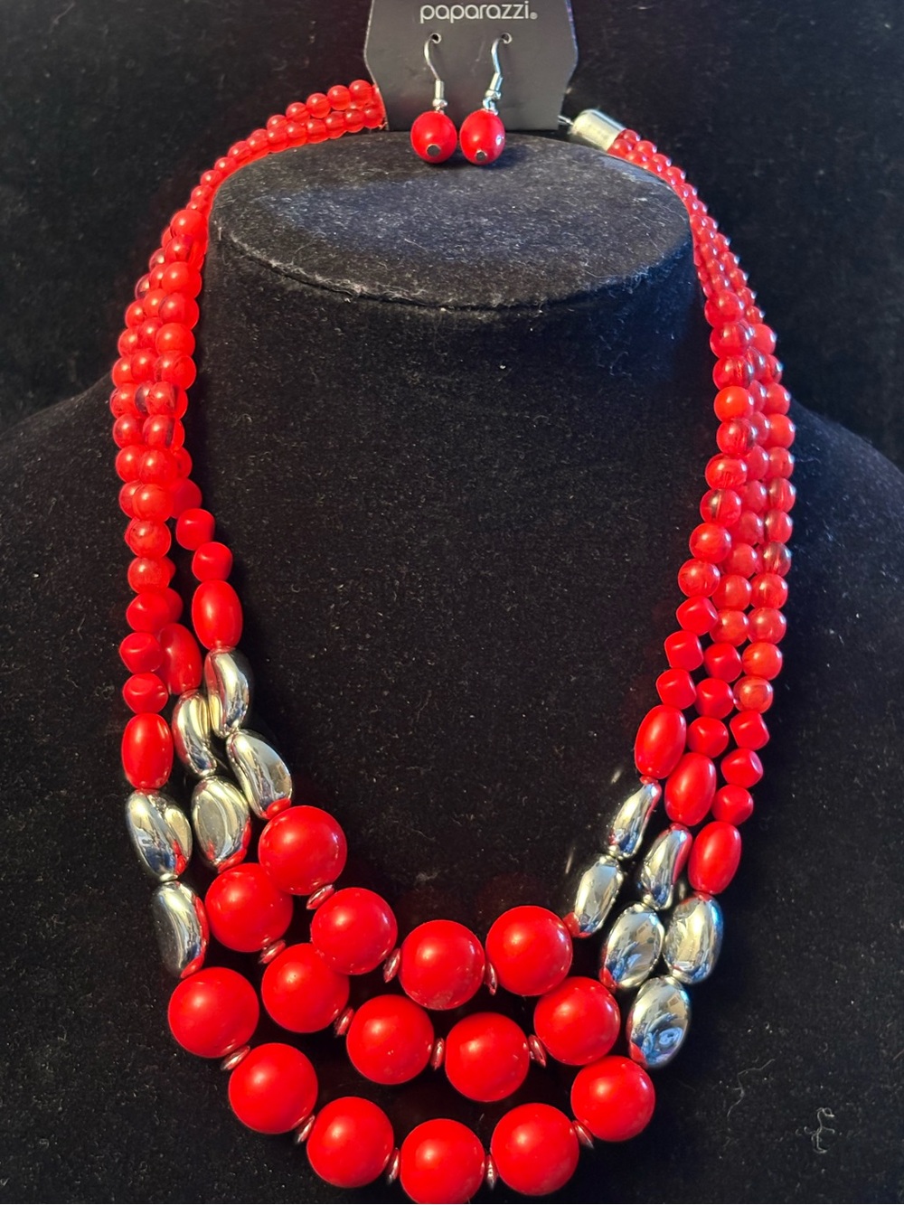 Paparazzi Red Multi-Strand Beaded Necklace and Earrings Set